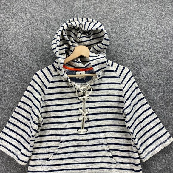 Sperry Hoodie Women XS White Striped Hooded 3/4 Sleeve Cotton Tasseled Pockets - Picture 3 of 10